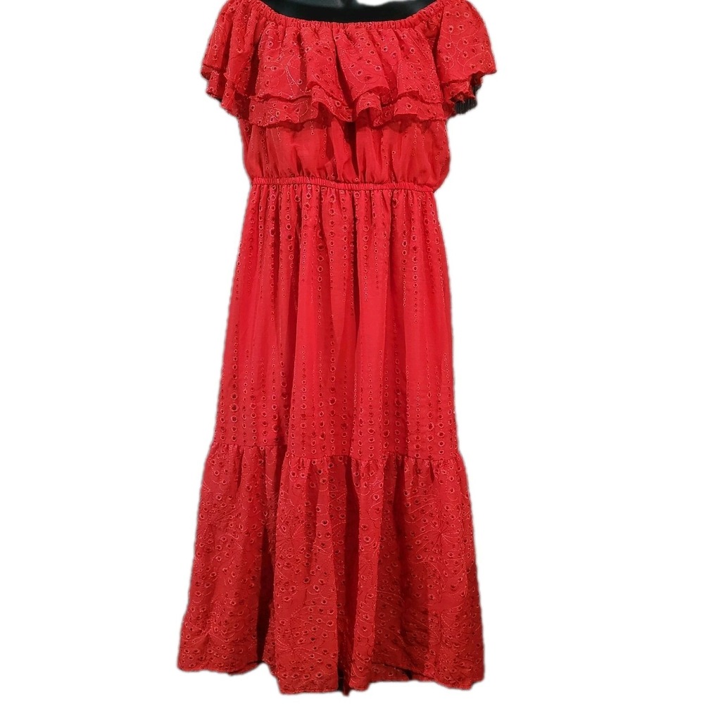 Sofia Vergara Tiered Maxi Dress Sz L Red Embroidered Eyelet Ruffle Off Shoulder